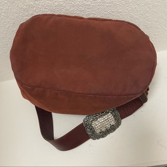 FOSSIL •Brushed Canvas/Wide Leather Strap Shoulder Bag with Rhinestone Buckle - Picture 8 of 12